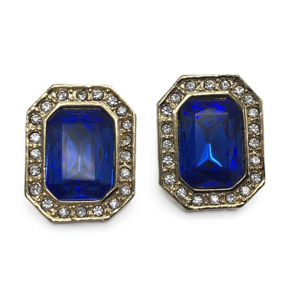 Vintage Blue Rhinestone Earrings Costume Gold Halo Extra Large Statement Glam
